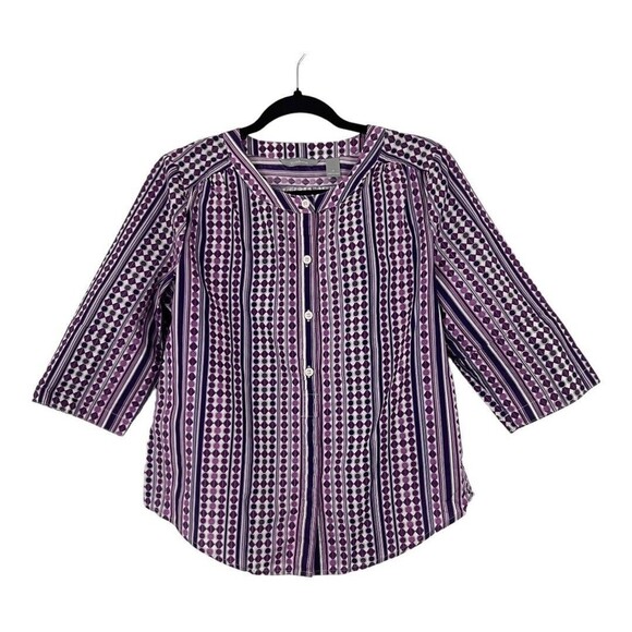 Liz Claiborne Womens Size M Purple Geometric Print Popover Top Shirt - Picture 1 of 4